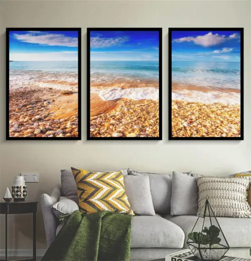Kit 3 Quadros Paisagem Mar Decoração Praia Conjunto Molduras