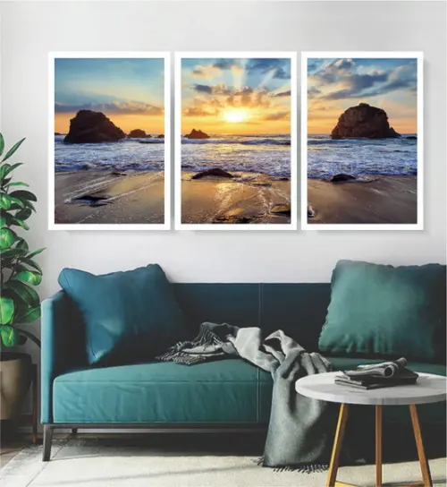 Kit 3 Quadros Paisagem Mar e Sol Decoração Praia Com Moldura