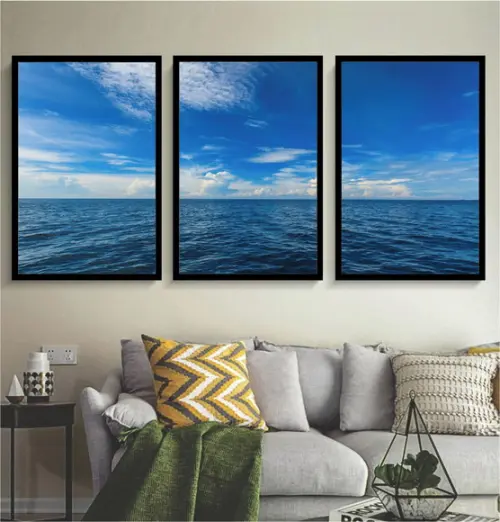Kit 3 Quadros Paisagem Mar Oceano Decoração Céu Azul Moldura
