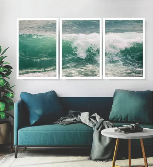 Kit 3 Quadros Paisagem Mar Onda Decoração Conjunto Moldura
