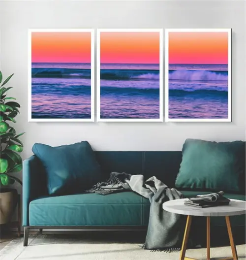 Kit 3 Quadros Paisagem Mar Pôr Do Sol Decoração Com Moldura