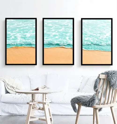 Kit 3 Quadros Paisagem Mar Praia Decoração Conjunto Moldura
