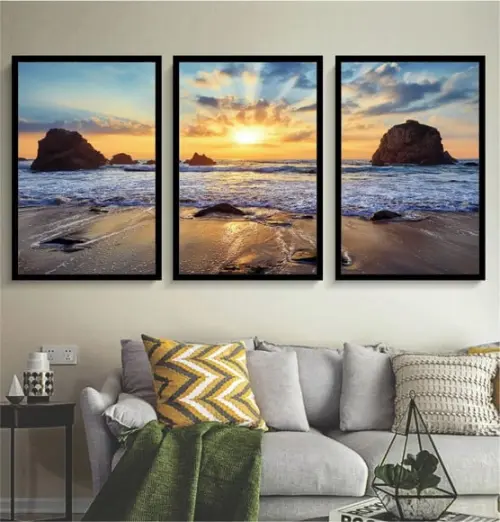 Kit 3 Quadros Paisagem Mar Sol Decoração Praia Com Molduras