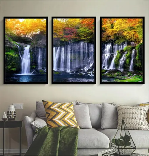 Kit 3 Quadros Paisagem Natureza Cachoeira Decoração Moldura