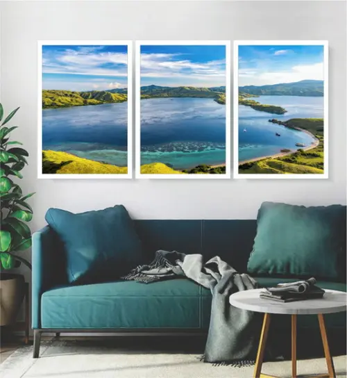 Kit 3 Quadros Paisagem Natureza Mar Decoração Vista Moldura