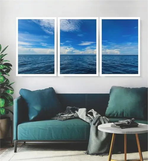 Kit 3 Quadros Paisagem Oceano Mar Decoração Céu Azul Moldura