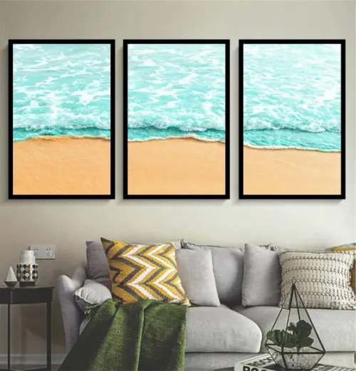 Kit 3 Quadros Paisagem Onda Decoração Praia Conjunto Moldura