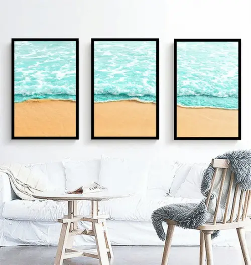 Kit 3 Quadros Paisagem Onda Decoração Praia Conjunto Moldura