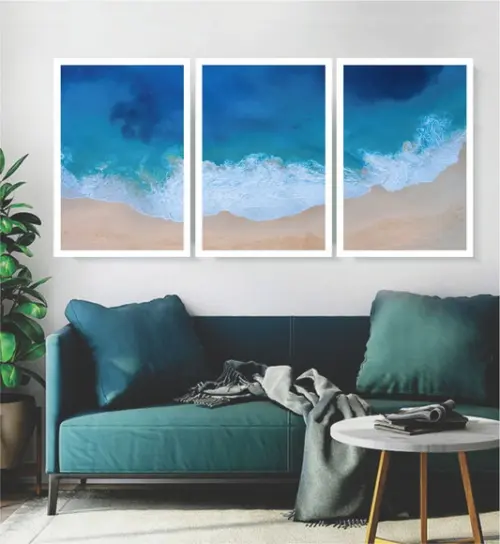Kit 3 Quadros Paisagem Onda Mar Azul Decoração Com Moldura