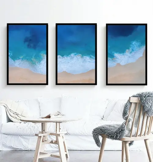 Kit 3 Quadros Paisagem Onda Mar Azul Decoração Com Molduras