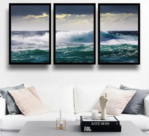 Kit 3 Quadros Paisagem Onda Mar Decoração Conjunto Molduras