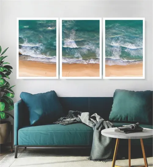 Kit 3 Quadros Paisagem Onda Mar Praia Decoração Com Moldura