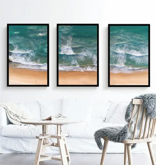 Kit 3 Quadros Paisagem Onda Mar Praia Decoração Com Molduras