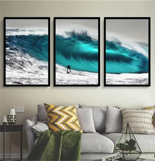Kit 3 Quadros Paisagem Onda Mar Surf Decoração Praia Moldura