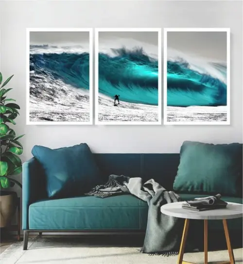 Kit 3 Quadros Paisagem Onda Praia Mar Surf Decoração Moldura