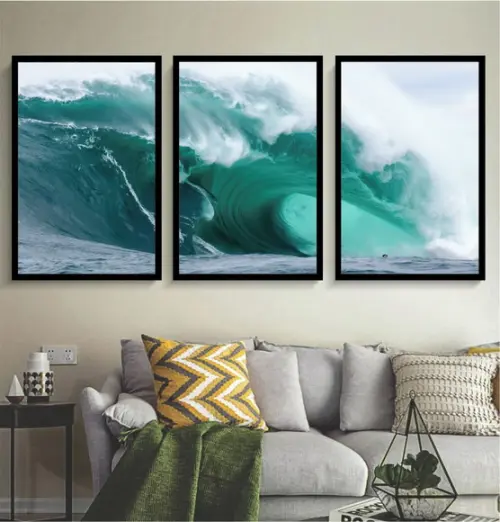 Kit 3 Quadros Paisagem Onda Praia Mar Decoração Com Moldura