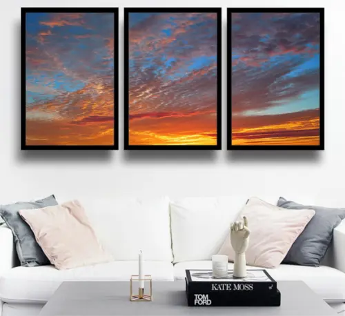Kit 3 Quadros Paisagem Pôr Do Sol Céu Decoração Com Moldura