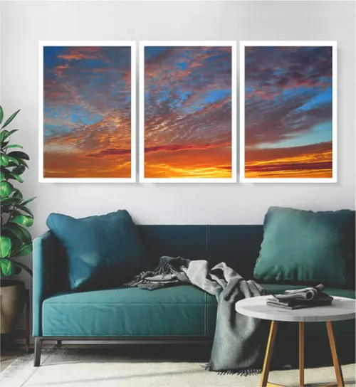 Kit 3 Quadros Paisagem Pôr Do Sol Céu Decoração Com Moldura