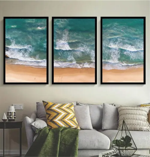 Kit 3 Quadros Paisagem Onda Mar Praia Decoração Com Molduras