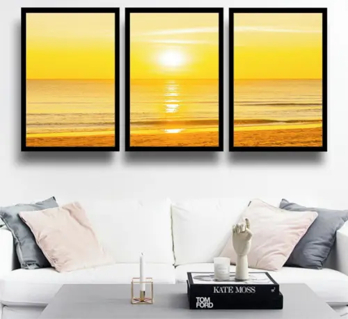 Kit 3 Quadros Paisagem Pôr Do Sol Decoração Praia Moldura