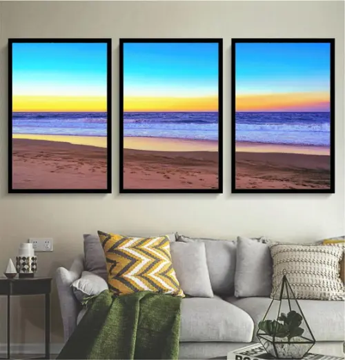 Kit 3 Quadros Paisagem Pôr Do Sol Praia Decoração Moldura