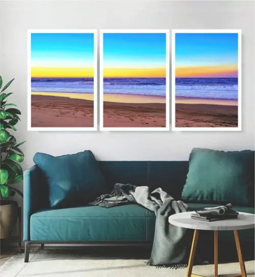 Kit 3 Quadros Paisagem Pôr Do Sol Praia Decoração Moldura