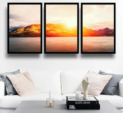 Kit 3 Quadros Paisagem Pôr Do Sol Praia Decoração Moldura