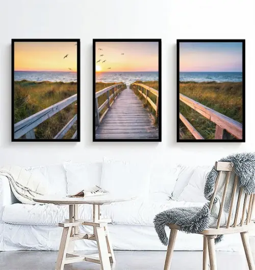 Kit 3 Quadros Paisagem Praia Deck Decoração Conjunto Moldura