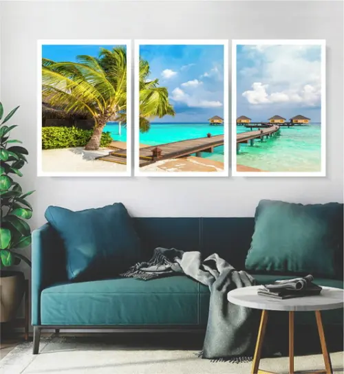 Kit 3 Quadros Paisagem Praia Deck Decoração Resort Moldura