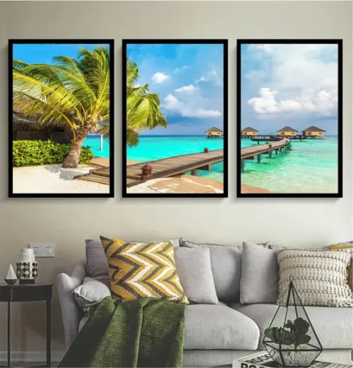 Kit 3 Quadros Paisagem Praia Deck Decoração Resort Moldura