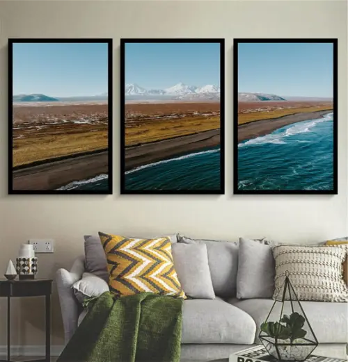 Kit 3 Quadros Paisagem Praia Decoração Conjunto Com Moldura