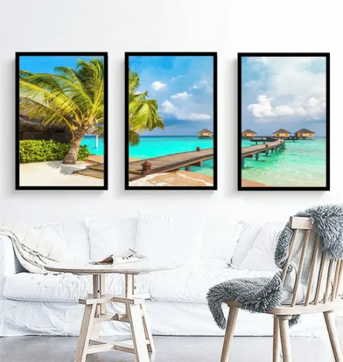 Kit 3 Quadros Paisagem Praia Deck Decoração Resort Moldura