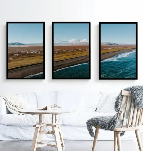 Kit 3 Quadros Paisagem Praia Decoração Conjunto Com Moldura