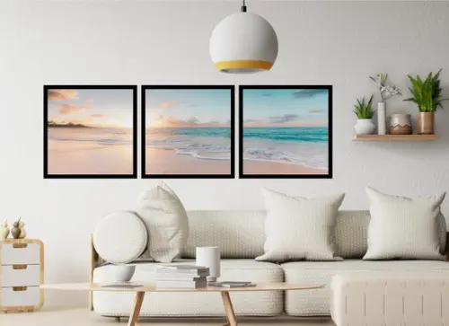 Kit 3 Quadros Paisagem Praia Decoração Pôr Do Sol Moldura