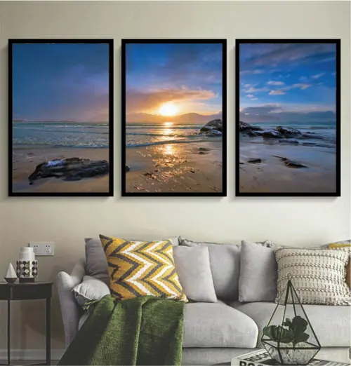 Kit 3 Quadros Paisagem Praia Decoração Sol Mar Com Molduras