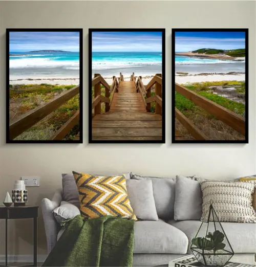 Kit 3 Quadros Paisagem Praia Escadaria Decoração Com Moldura