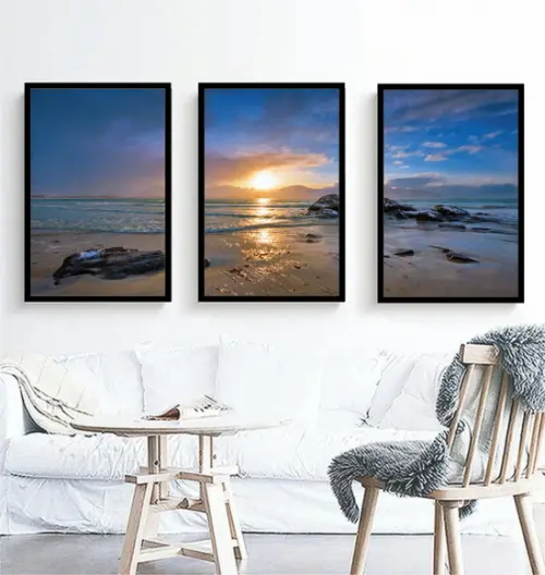 Kit 3 Quadros Paisagem Praia Decoração Sol Mar Com Molduras