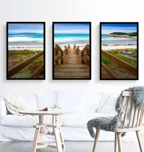 Kit 3 Quadros Paisagem Praia Escadaria Decoração Com Moldura