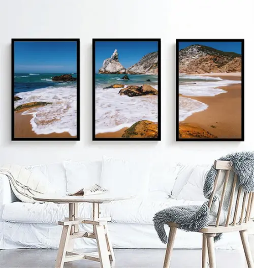 Kit 3 Quadros Paisagem Praia Ilha Decoração Conjunto Moldura