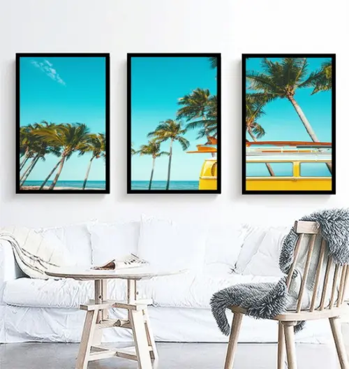 Kit 3 Quadros Paisagem Praia Kombi Decoração Viagem Molduras