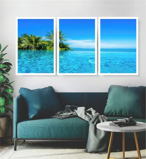 Kit 3 Quadros Paisagem Praia Mar Azul Decoração Com Moldura