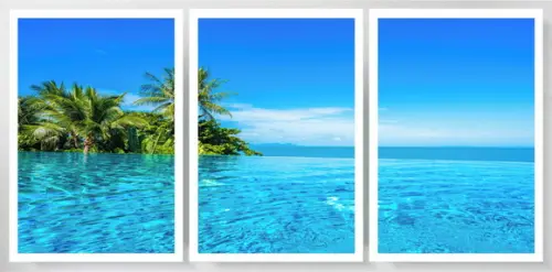 Kit 3 Quadros Paisagem Praia Mar Azul Decoração Com Moldura