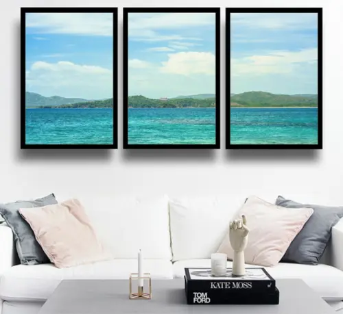 Kit 3 Quadros Paisagem Praia Mar Decoração Oceano Moldura