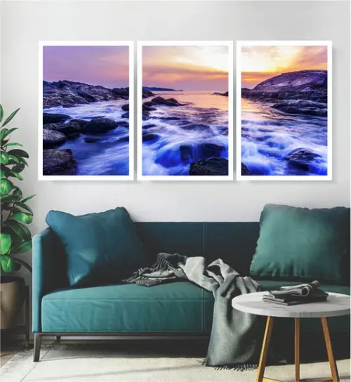 Kit 3 Quadros Paisagem Praia Pôr Do Sol Decoração Moldura
