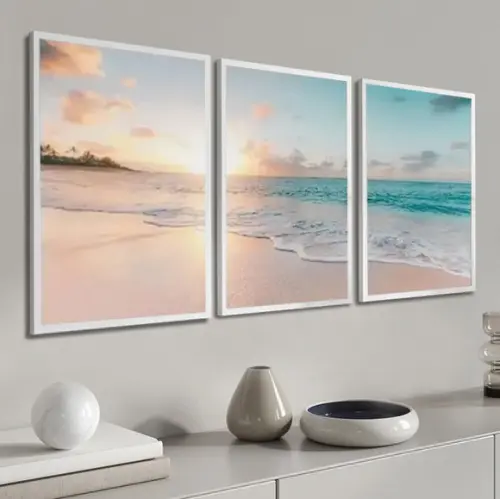 Kit 3 Quadros Paisagem Praia Sol Mar Decoração com Molduras