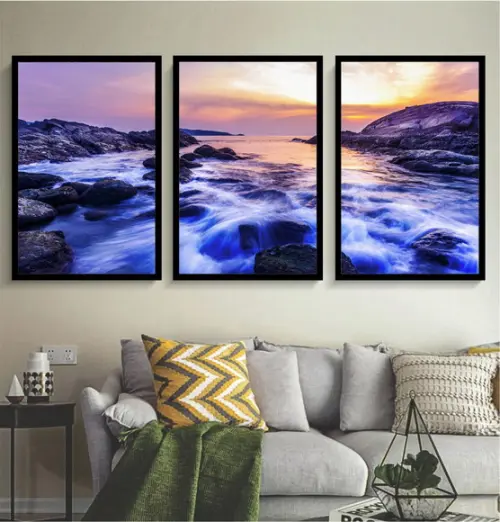 Kit 3 Quadros Paisagem Praia Pôr Do Sol Decoração Moldura