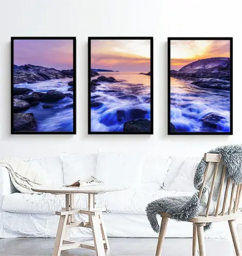 Kit 3 Quadros Paisagem Praia Pôr Do Sol Decoração Moldura