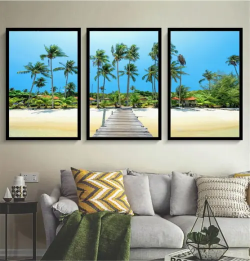 Kit 3 Quadros Paisagem Resort Praia Decoração Mar Moldura