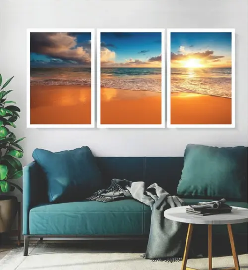 Kit 3 Quadros Paisagem Sol e Praia Decoração Mar Com Moldura