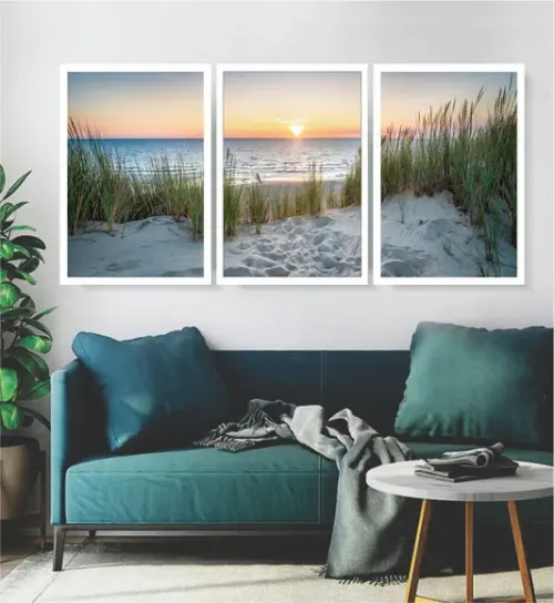 Kit 3 Quadros Paisagem Sol Praia Conjunto Decoração Moldura
